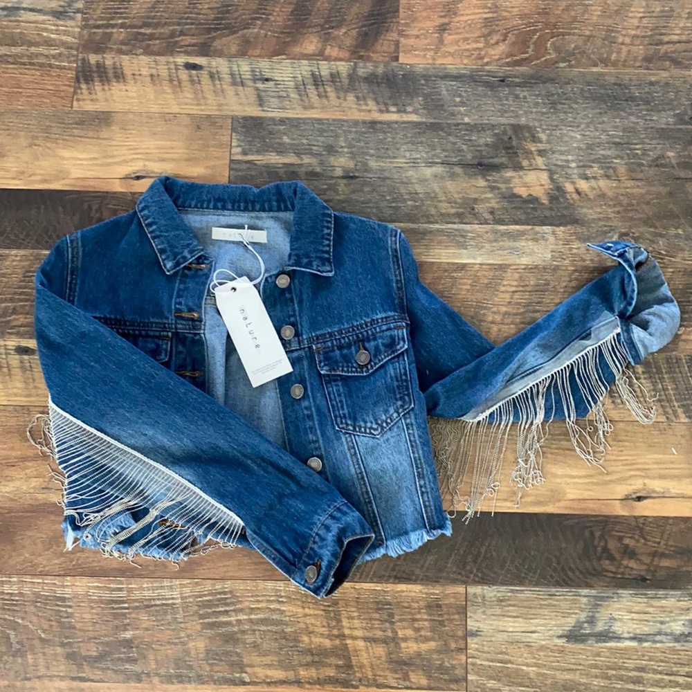 Tasseled denim cropped jacket